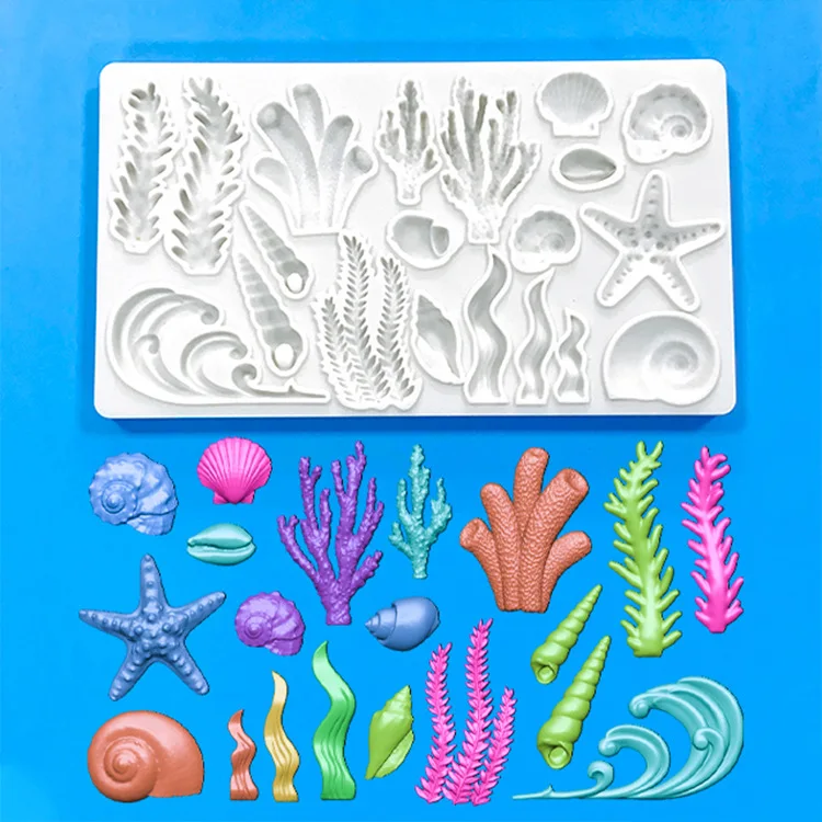 Ocean Mold Starfish Seahorse Seaweed Mermaid Tail Conch Fondant Mold Coral Epoxy Mold Cake Decoration Accessories