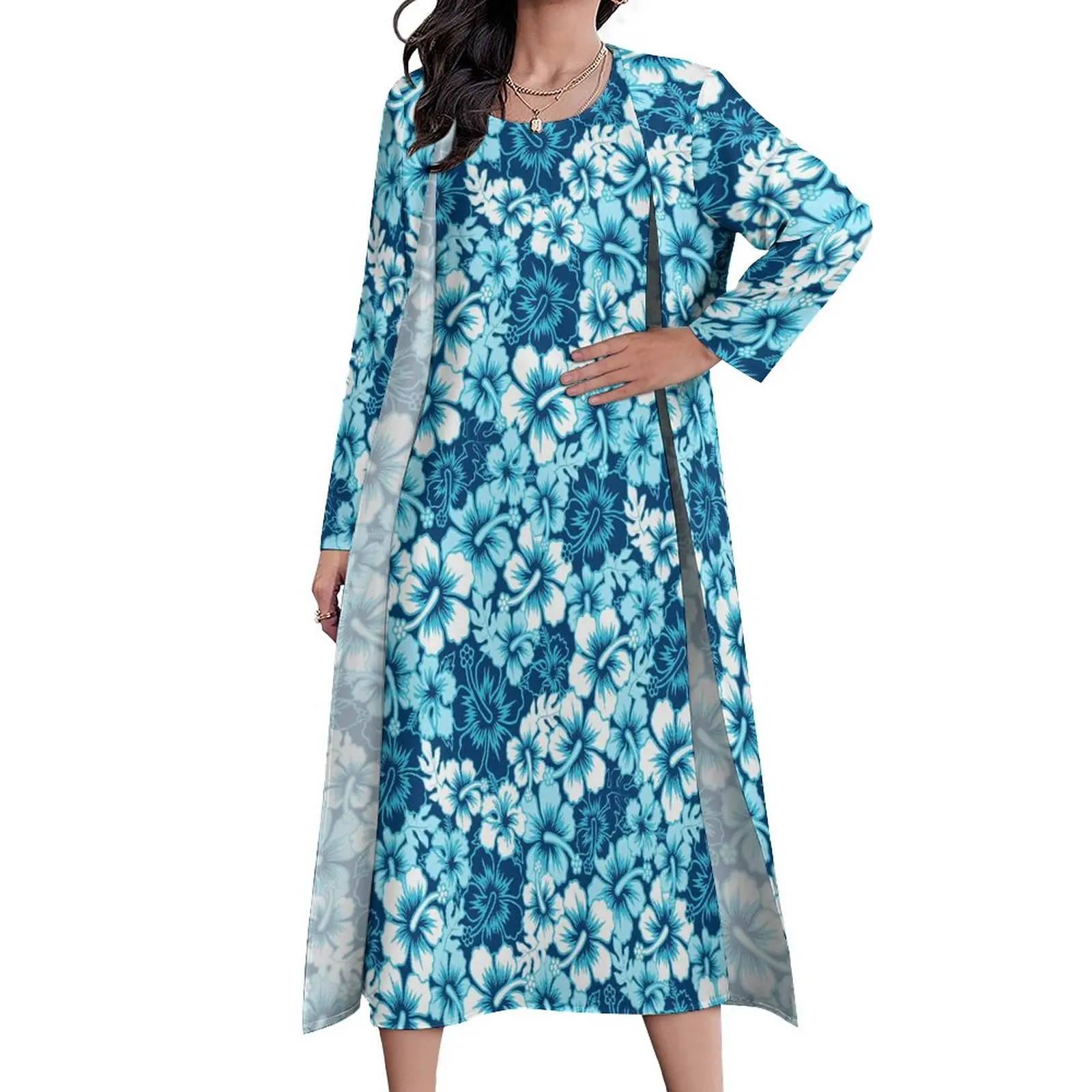 

Blue Floral Dress Hibiscus Print Trendy Maxi Dress Two Piece Design Casual Long Dresses Streetwear Big Size Vestido