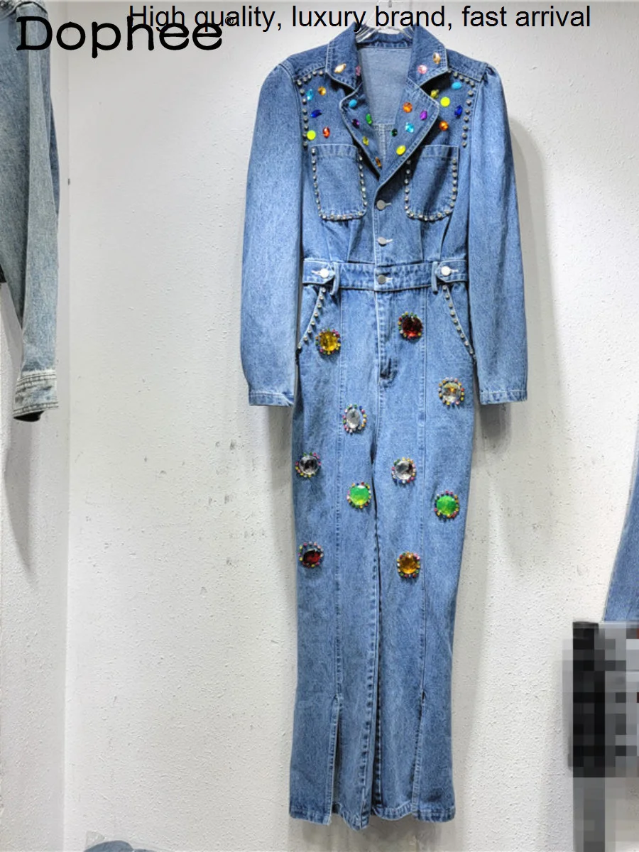 

Industry Color Heavy Diamond Design Denim High Waist Jumpsuits Women 2023 Spring New Elegant Slimming One-Piece Jumpsuit Jeans