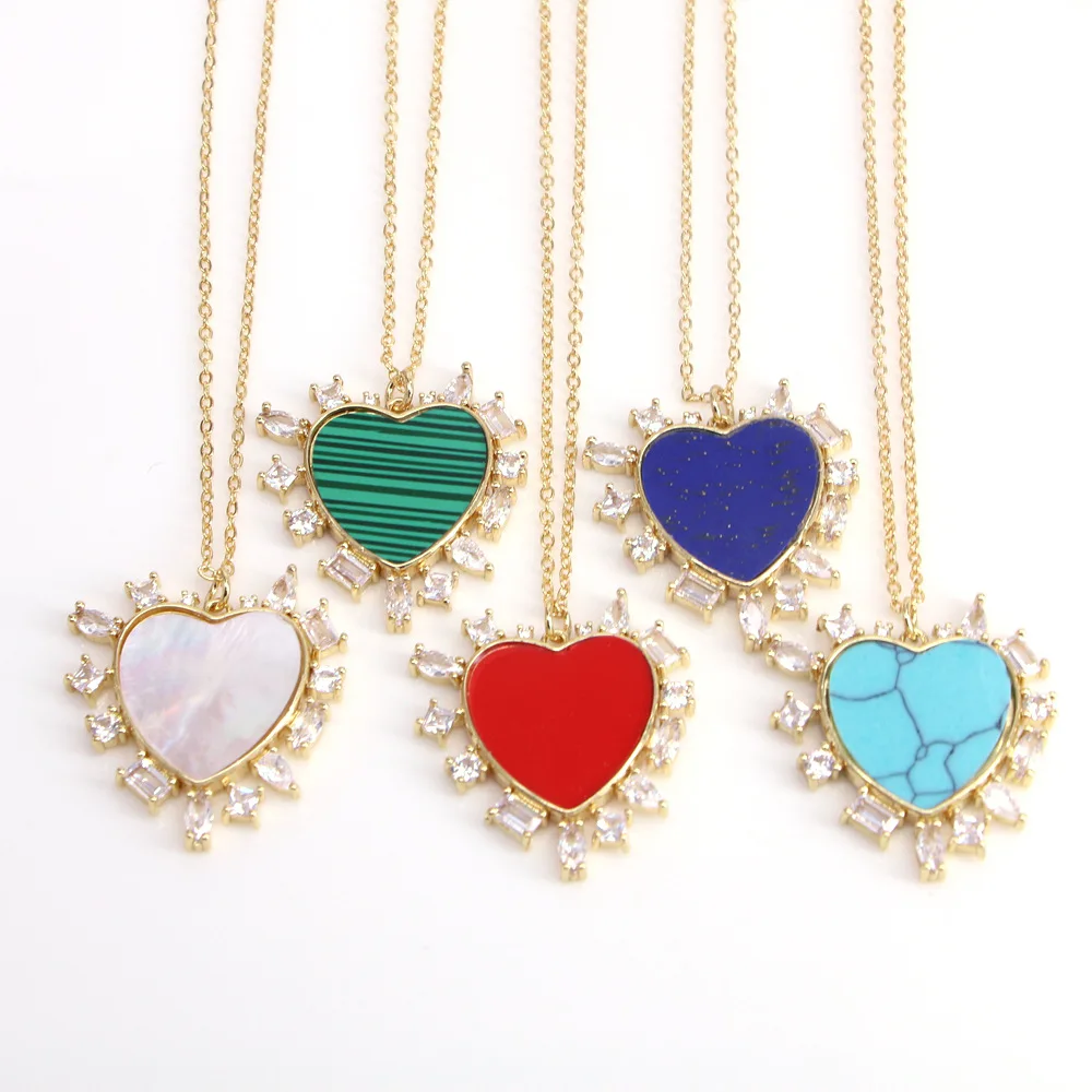 

5Pcs Luck Gold Plated Turquoise Stone Heart Necklace Colorful Enamel Shell Cubic Zircon Pendant Necklace For Girls