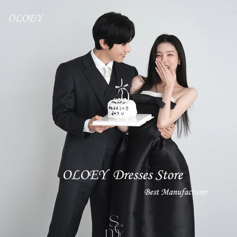 Strapless Black Wedding Party Dresses 한국 사진 촬영 Strapless Tiered Ankle Length 정장 이브닝 가운 맞춤형