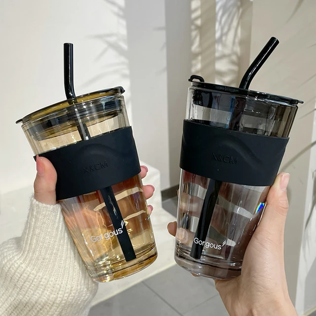 450ml Coffee Glass Cup Heat Resistant Coffee Mug Wine Glasses Portable  Sealed Water Botton with Straw