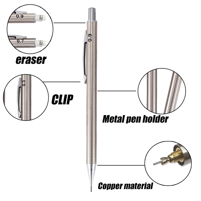 0.3 0.5 0.7 0.9mm Metal Automatic Pencil with Eraser HB Lead Stainless Steel Silver Office Art Supplies Drawing Stationery 4