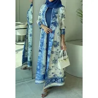 KAF Pleated Women Luxury Trench 2025 Spring Fall New Vintage Printed Cardigan Design Loose Large Size Arabian Female Abaya 4