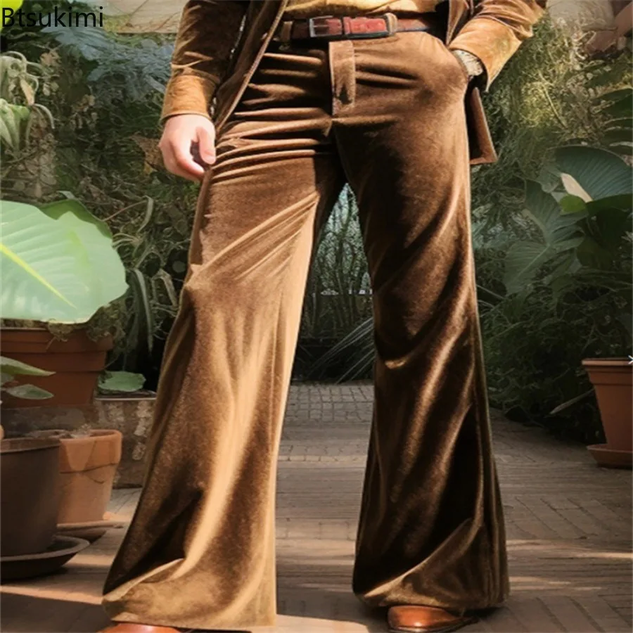 Fashion New Men's Velvet Flared Pants Vintage Solid Color Wide Leg Pants Casual Vacation Formal Suit Male Streetwear