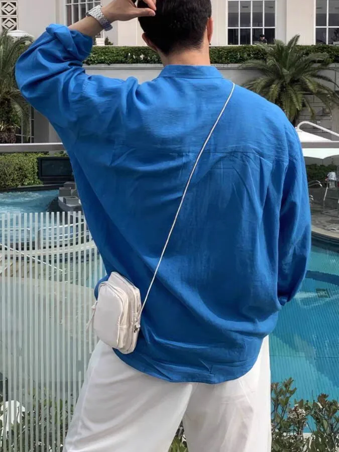 Blue Linen Men's irt Loose Fit Thin Long Sve Sun Protection Open Cardigan Collar Cotton Linen Workwear irt Lazy Sle