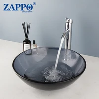 ZAPPO Bathroom Sink Tempered Glass Basin Above Counter Grey Vessel Sink Bowl Bathroom Vessel Sink Chrome Faucet W/ Drain Combo 1