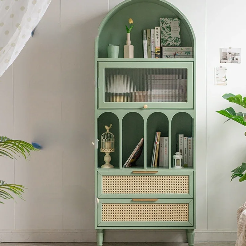 

Arch Bookcase Rattan Bookshelf Floor Dining Cabinet Green Storage Cabinet Japanese Study File Cabinet living room decoration