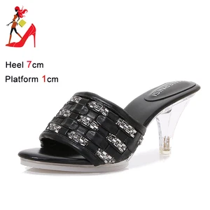 Summer Crystal Rhinestone Weave Slippers Luxury Slides 7CM Women High Heels High Quality Everyday Lady Shoes Beach Party Sandals