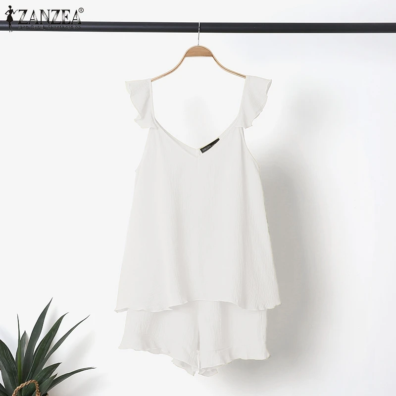 Vintage Cotton Tracksuits 2022 Casual Solid OL Matching Sets ZANZEA Summer Women Elegant Sleeveless Ruffle Short Sets Oversized white pant set Suits & Blazers