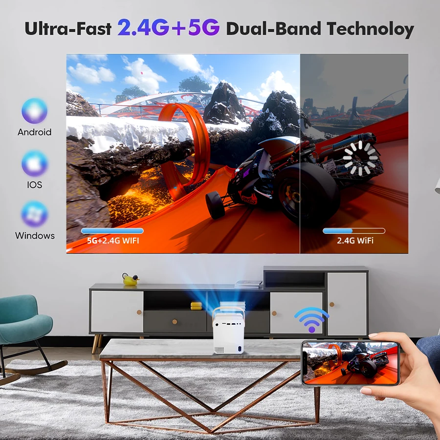 CY305 4K Home Projector Supports WiFi Connects to Mobile Phones and Computers,Built-in Android System suitable for home/outdoor