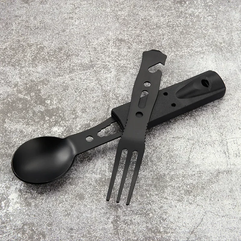 Outdoor Set Multi functional Camping Knives Tableware Wind Combination Stainless Steel with Whistle Spoon Fork
