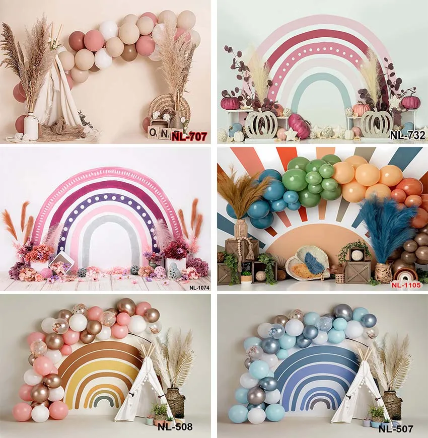 

Photography Background Bohemian Rainbow Pampas Grass Balloon Girl Birthday Party Cake Smash Decor Backdrop Photo Studio