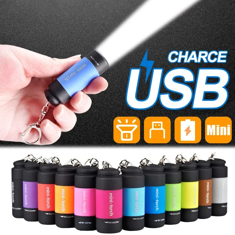 

Mini LED Keychain Flashlight Rotary Switch USB Charging Pocket Torch Waterproof Flashlights Outdoor Camping Hiking Bright Light