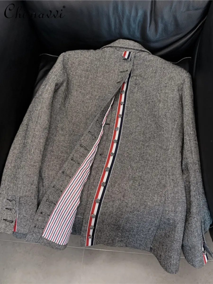 

New Gray Loose Woolen Coat Women's Blazer 2023 Autumn Winter Fashion Design Long Sleeve Loose Temperament Back Slit Suit Jacket