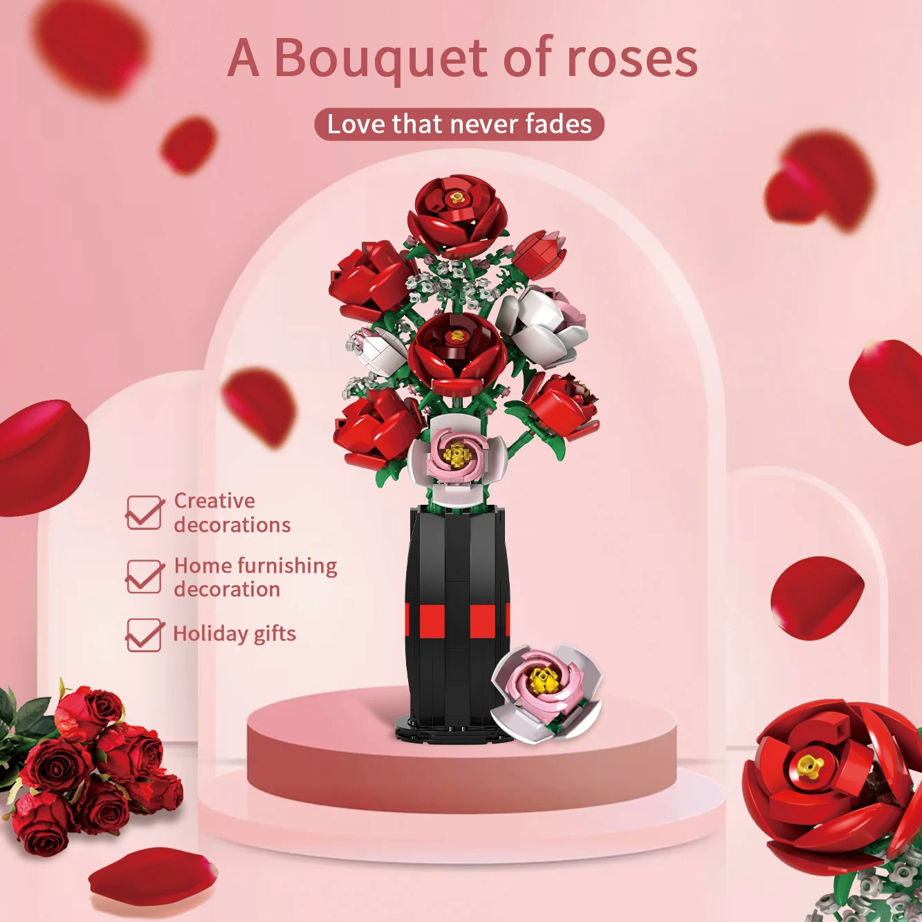 Rose Flowers Bouquet Building Set (860 PCS)-Artificial Flowers with Vase Home Decor Roses Flower Toys Building Set
