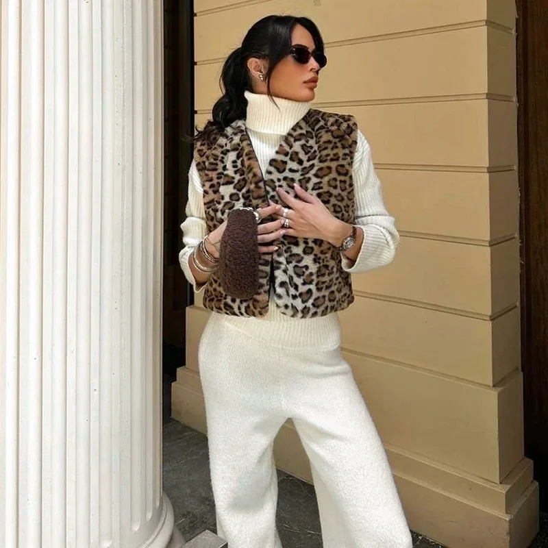 Leopard Printed V-Neck Vestidos Coat Female Contrast Printed Streetwear Cropped Top Loose Autumn Commute Outwear Cardigan