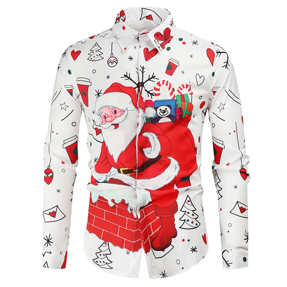 Fiesta de año nuevo 2023 camisa de moda para hombres dibujos animados Papá Noel estampado patrón cómodo tela suave ropa