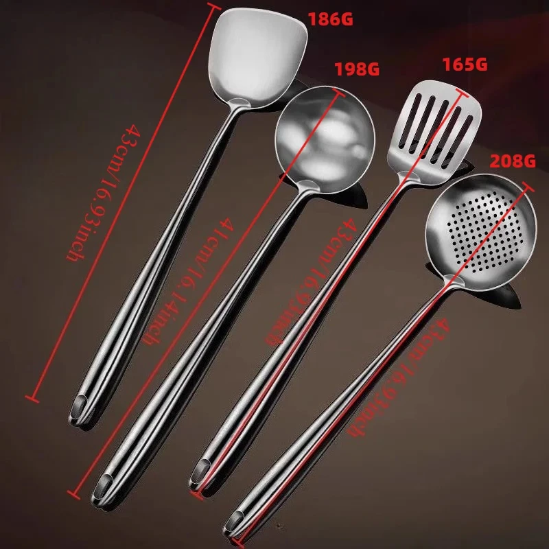 Premium Stainless Steel Kitchen Utensil Set - Wok Spatula, Ladle, Skimmer Spoon, and Slotted Turner