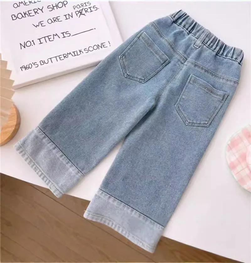 Girls Autumn Jeans Wide Leg Pants with Embroidered Flowers