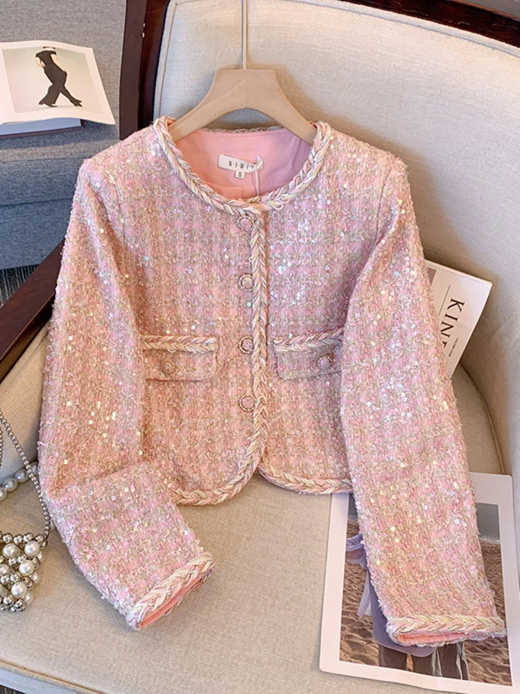 

Korean Fashion Chic Women's Tweed Basic Jacket Coat Women Autumn Clothing Runway Style Woolen Outerwear