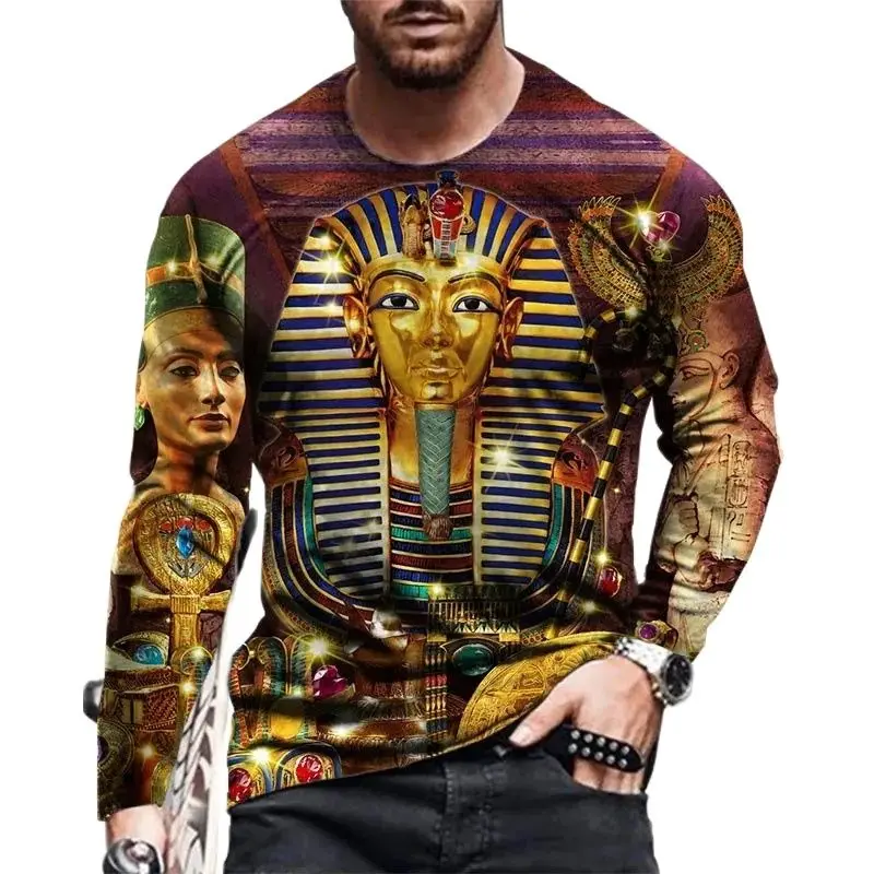 

Retro Fashion Street Ethnic Art Culture Spring/Summer Men's Clothing T-shirt Leisure Round Neck Pullover Sports Long sleeved Top