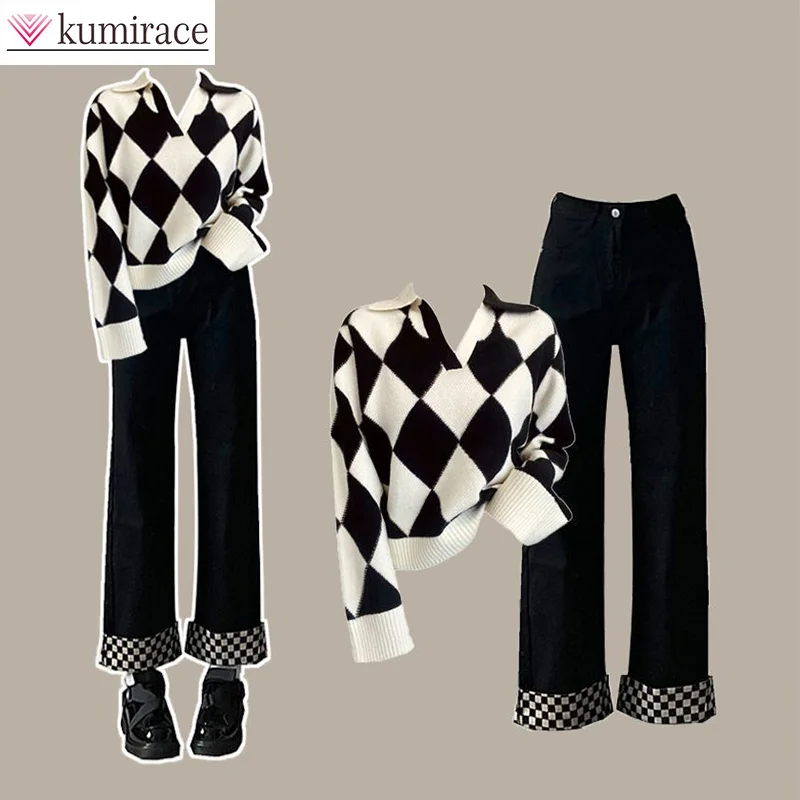 2023 Autumn/Winter New Set Women's Knitted Sweater Loose Fit Straight Leg Jeans Two Piece Pants Setwinter Clothes Womenpant Sets