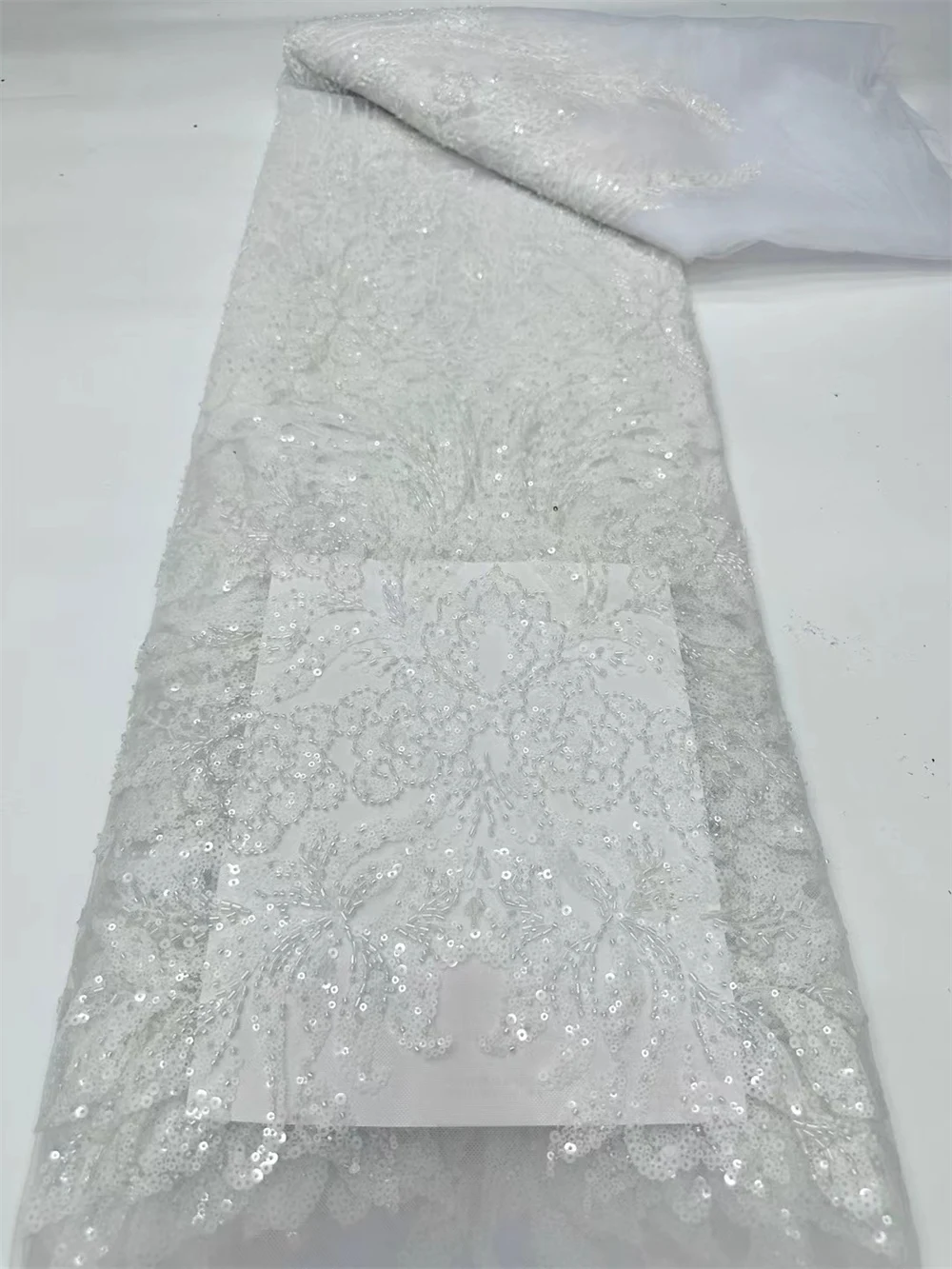 

African Handmade White Sequins Tulle Lace Fabric 2024 High Quality French Luxury Beaded Lace Fabric For Bridal Wedding Dress Sew