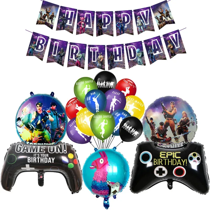 Colorful Party Decoration Banner and Balloon Set for Kids' Gaming-Themed Birthday Celebration