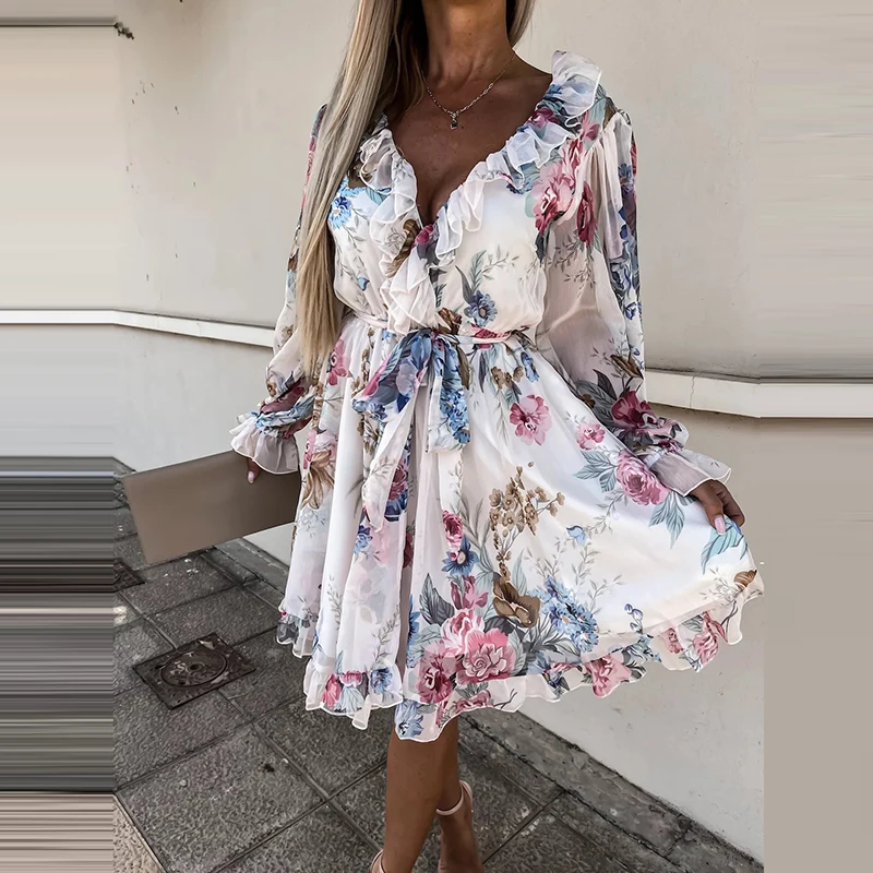 

Spring Fashion Floral Print Ruffled V Neck Vestidos Women Elegant Petal Sleeve Party Dress Summer Lady Casual Waist Belt Dresses