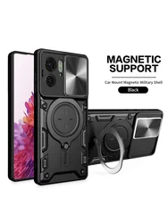 Durable Phone Case with Metal Swivel Stand and Slide Camera Protection for Motorola Moto G85 (Black)