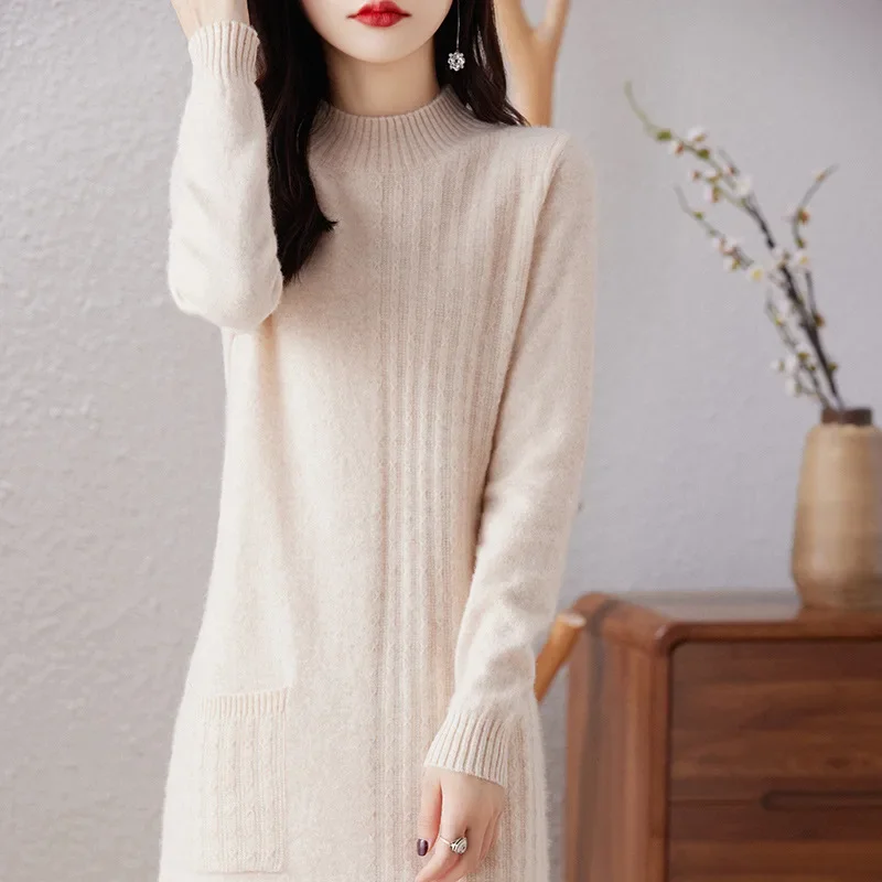 

Autumn and Winter New Half-Collar Wool Sweater Women's Loose Knitted Sweater Dress Retro Thick Mid-Length Dress plus Size