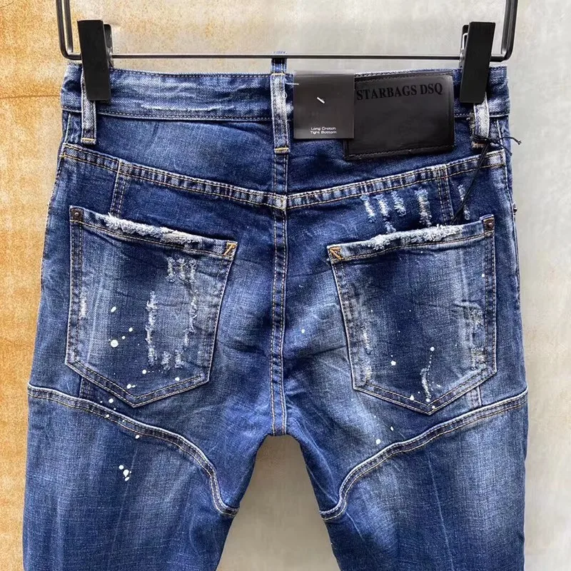 Men's jeans starbags dsq T121 white wash cat wear holes Korean quadratic slim-fit jeans fashionable punk torn paint pants men