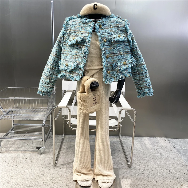 

Новинка 2021, винтажная однобортная куртка с круглым вырезом, смешанными нитями и кисточками, из хлопка, свободная твидовая одежда с длинным рукавом