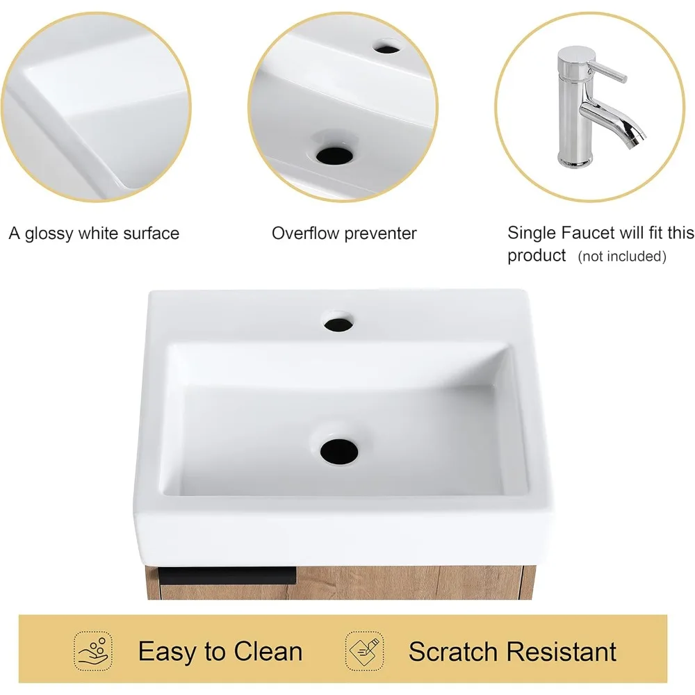 18" Floating Bathroom Vanity with Sink, 18 Inch Single Sink Wall Mounted Bathroom Vanity,1 Door and White Ceramic Basin Sink Top 3