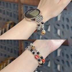 Retro Silver Butterfly Elastic Strap Beaded Wrist Bracelet for 20MM (Red Black)