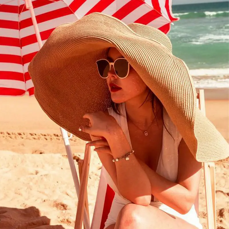 

70Cm Large Vintage Wide Brim Oversized Beach Hats for Women Straw Hat UV Protection Foldable Sun Shade Hat