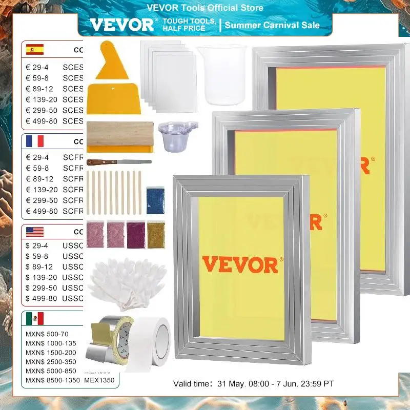 VEVOR Screen Printing Kit 2/3 Pieces Aluminum Silk Screen Printing Frames 110 Count Mesh 5 Glitters and Screen Printing