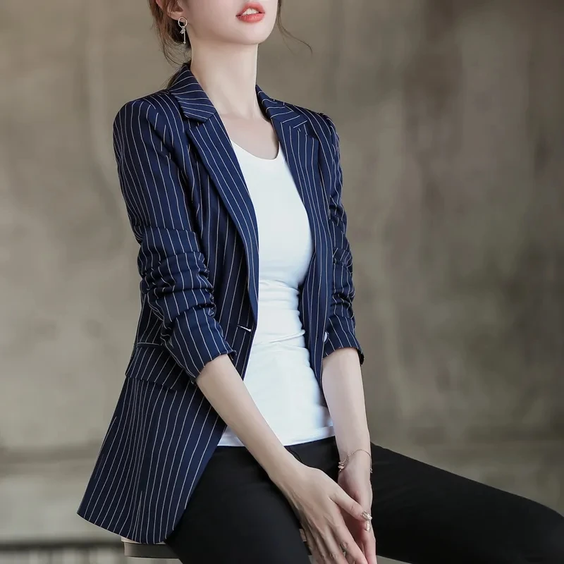 

Women Fashion Stripe Suit Jacket New 2023 Long Sleeve Single Button Women Blazers Casual Office Ladies Elegant Blazer Coat Top