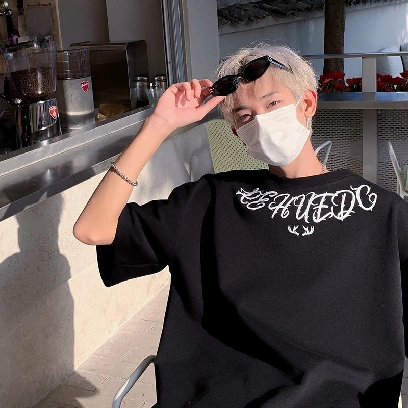 

Korean short-sleeved T-shirt men summer West Coast hip-hop high street round neck loose trendy brand clothes half-sleeved top