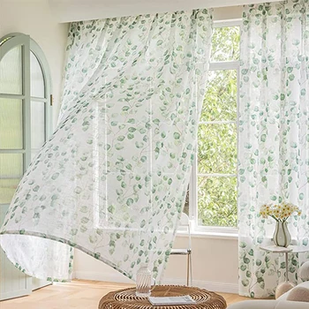 Tenda moderna in garza con asta di poliestere stampata con foglie Bodhi per soggiorno, camera da letto, cucina e decorazione per tende 2 pannelli 1