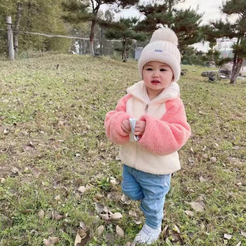 Kids Jackets 1-9 Years Plush Girls Jacket Autumn Winter Warm Boys Coat Hooded Zipper Fashion Outerwear Fleece Kids Clothes