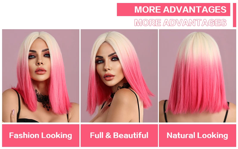 7JHH WIGS Short Straight Bob Wig T Part Pink Lace Front Wig for Women Daily Cosplay Party Heat Resistant Fiber Natural Hair