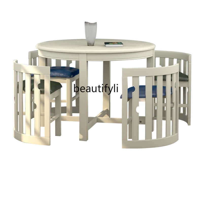 

Solid Wood Dining Table and Dining Table Invisible round Table Balcony Conference Table Retro White One Table Four Chairs