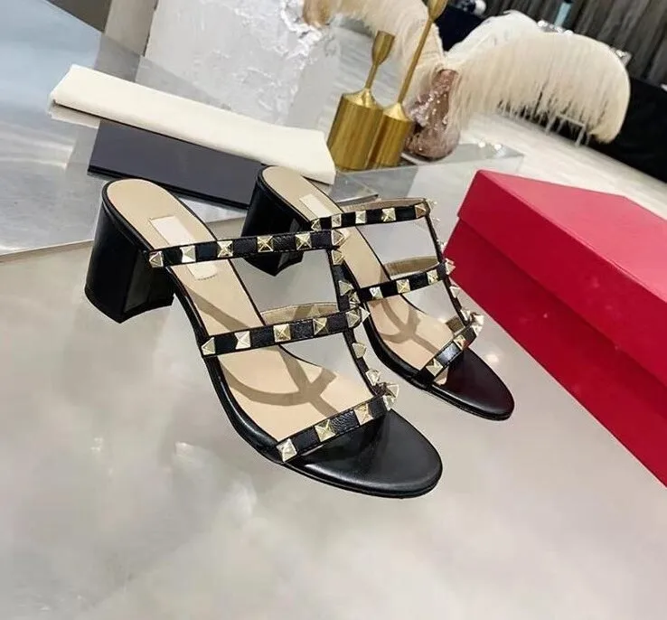 Sandals for Women High Heels Rivets Slippers 6cm Thick Heel Peep Toe Summer Genuine Leather Flat Slipper Black Nude Women`s Wedding Shoes with Dust Bag 34-44
