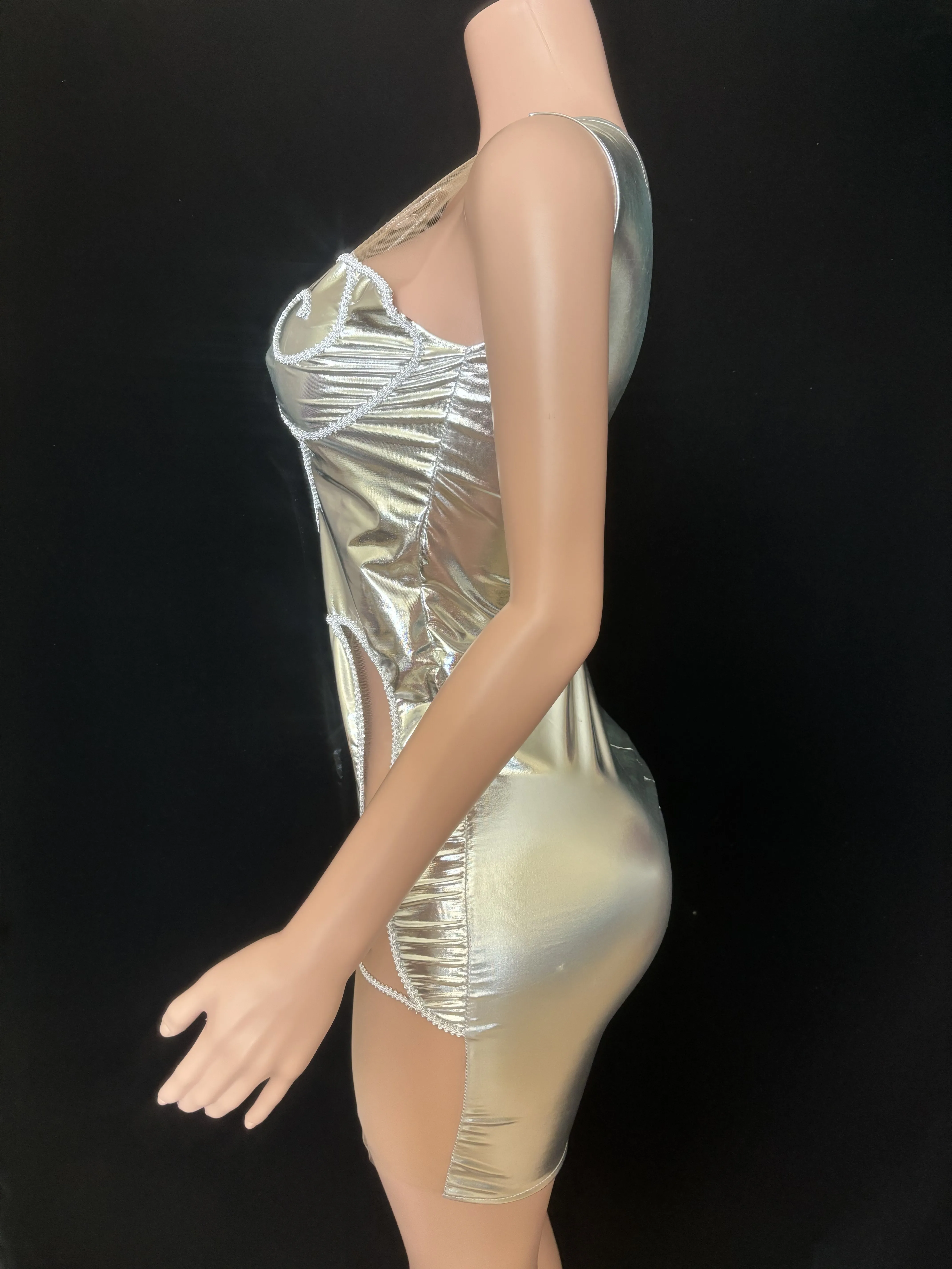 Sexy See-Through Mesh Spliced Bright Surface Mini Sheath Dress Evening Party Performance Costume Singer Dancer Stage Wear