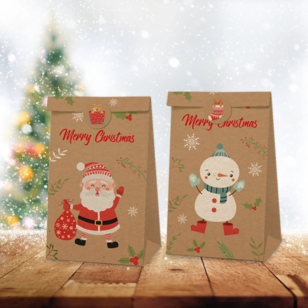 

LB032 12Pcs Merry Christmas Festival Party Candy Kraft Paper Gift Bags with Stickers Gifts Boxes New Year Xmas Party Decorations