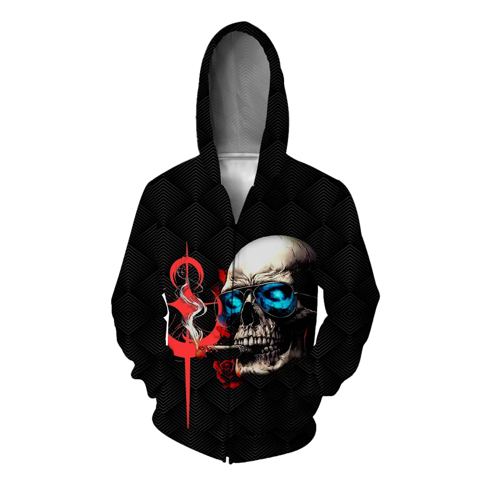 thumbnail image 1 of Sudadera con capucha y estampado de calaveras, cómoda y elegante, nueva, con cremallera, moderna y versátil, para hombre, 1 of 5