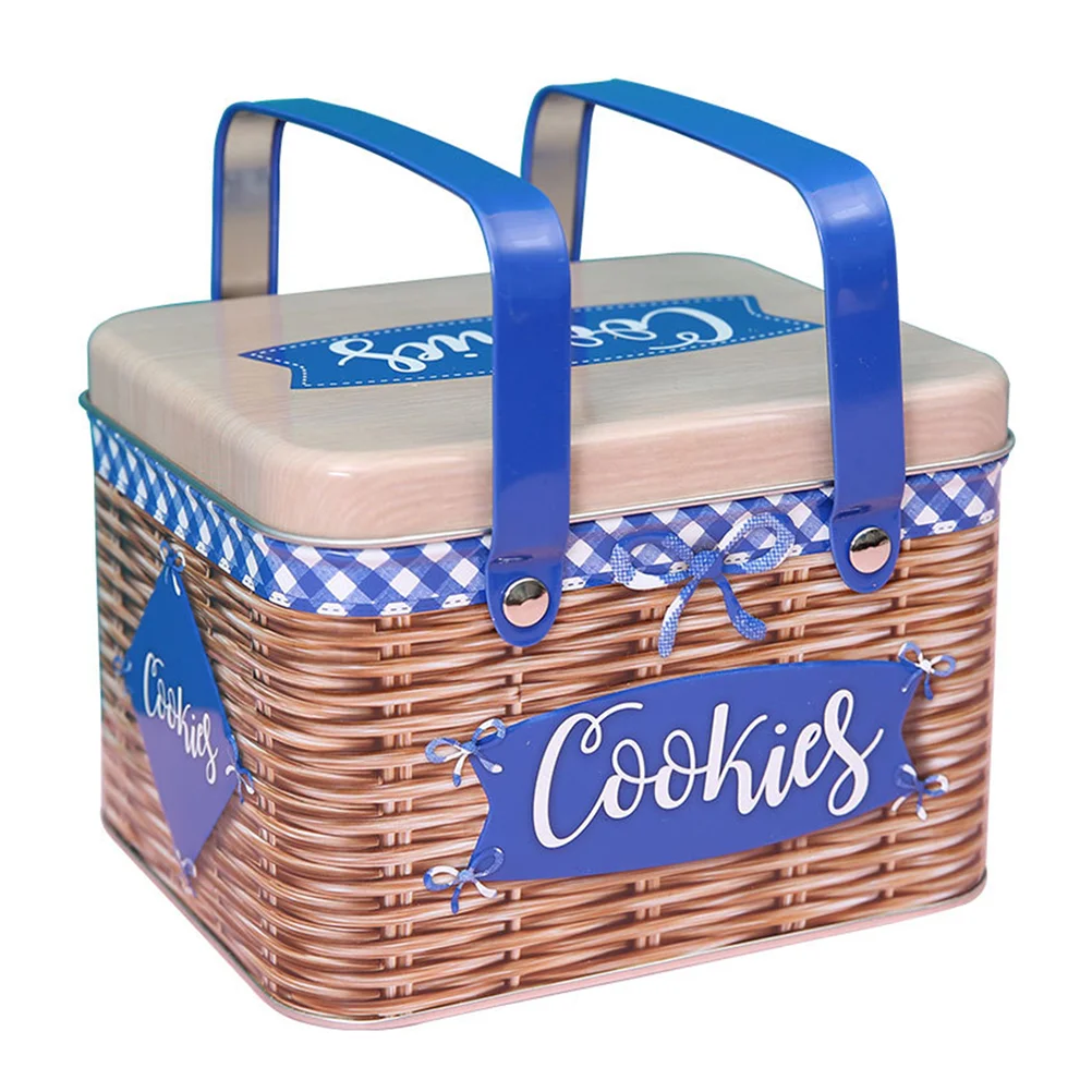 

Biscuit Box Metal Handheld Candy Tin Handle Cookie Boxes Rectangle Decor Imitation Rattan with
