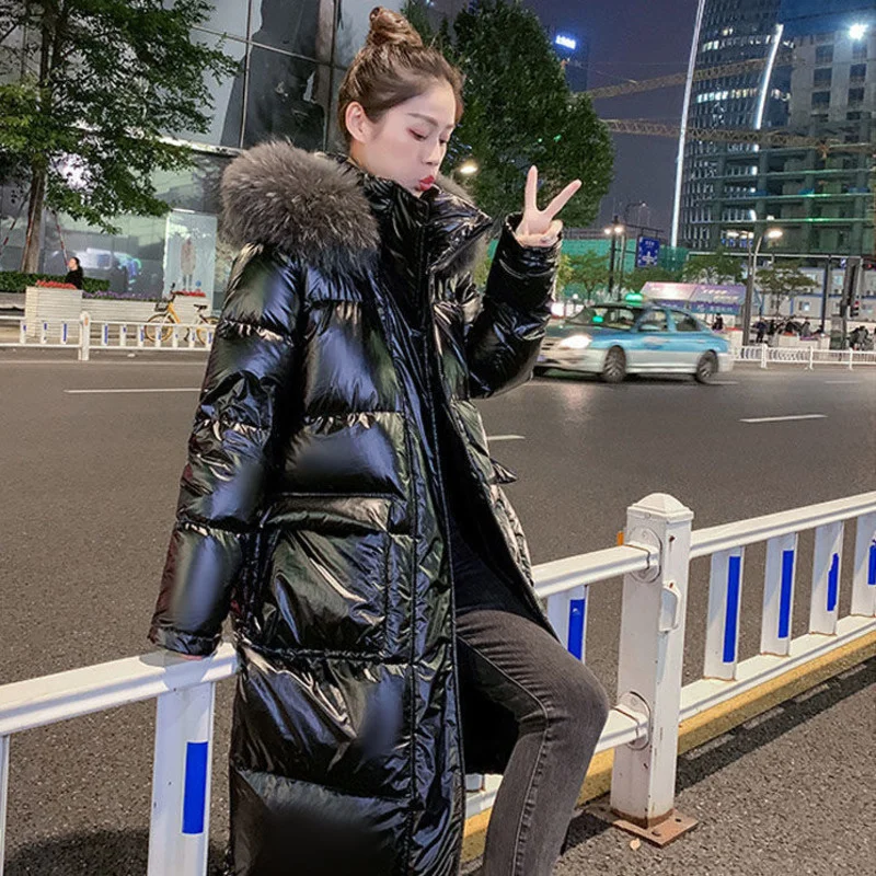 

New Winter Puffer Jacket Women Warm Thicken Hooded With Fur Long Coat Shining Stylish Female Parka Manteau Femme Hiver